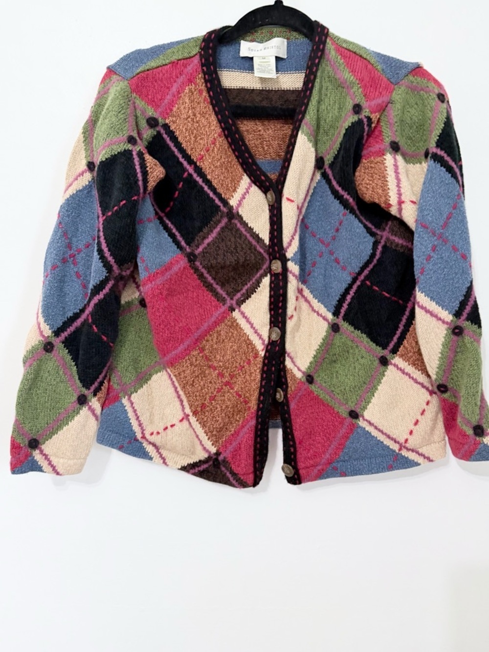 Susan Bristol argyle sweater cardigan wool blend preppy academia medium